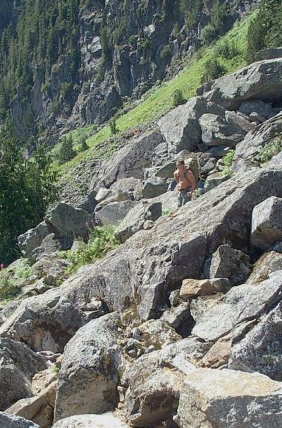 Ascending the boulder field trail